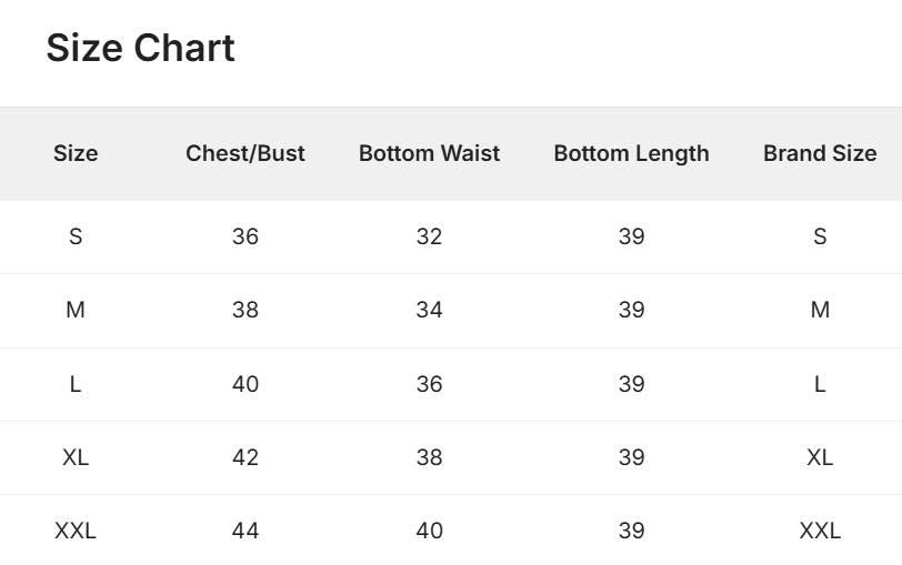 Size chart for clothing with measurements in centimeters Lycra Blend T-Shirt & Pyjama Set for Nightwear