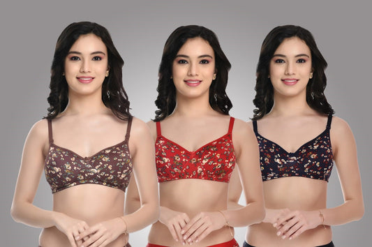 Liamoure Women Cotton Blend Printed Padded Bra Non Wired seamless Women Lightly Padded Bra for Women Non Wired | Combo Pack of 3