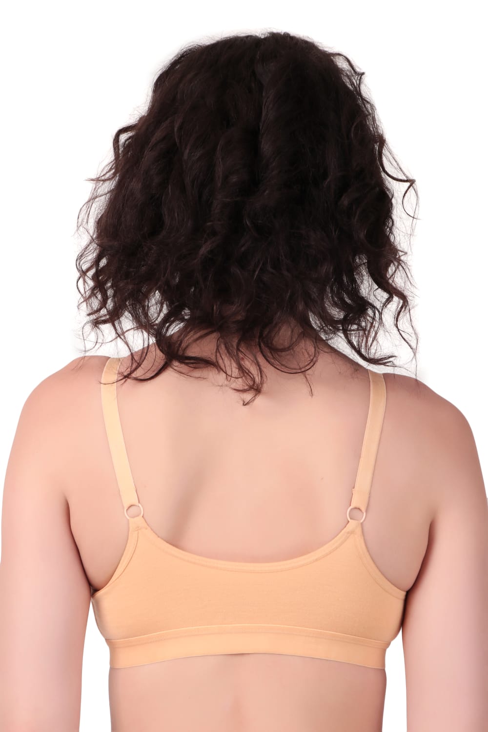 back view of woman wearing Liamoure Women's front hook bra Non-Padded Non-Wired,Full Coverage orange color bra