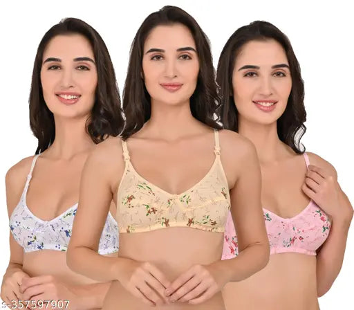 Liamoure Non-Wired Cotton Blend Non-Padded Bra In Pink, White, Beige Colors